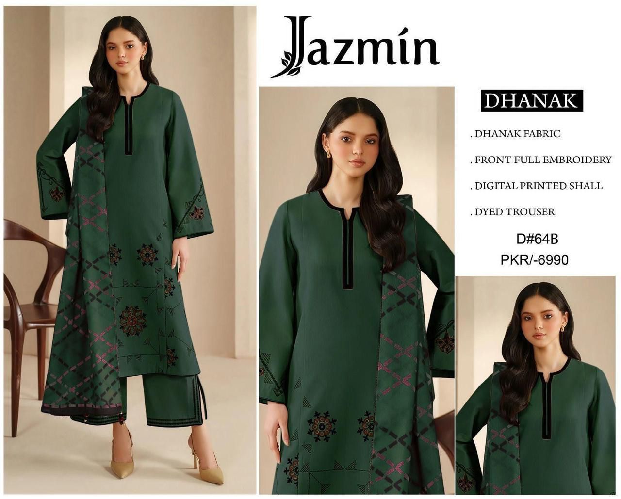 Jasmine 3pc dhanak heavy embroidered winter suit with digital printed wool shawl